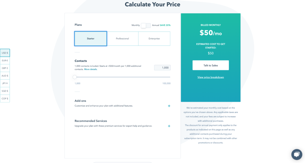 HubSpot’s price calculator
