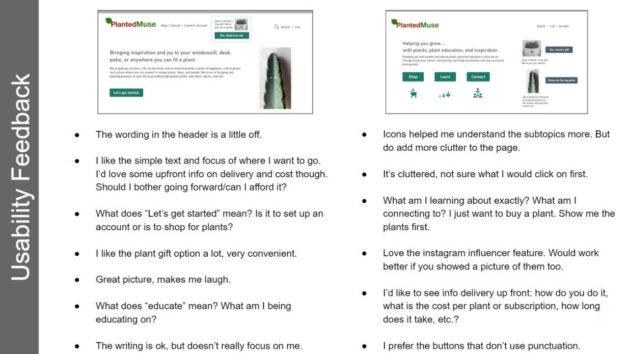 A screenshot showing specific examples of feedback from usability testing