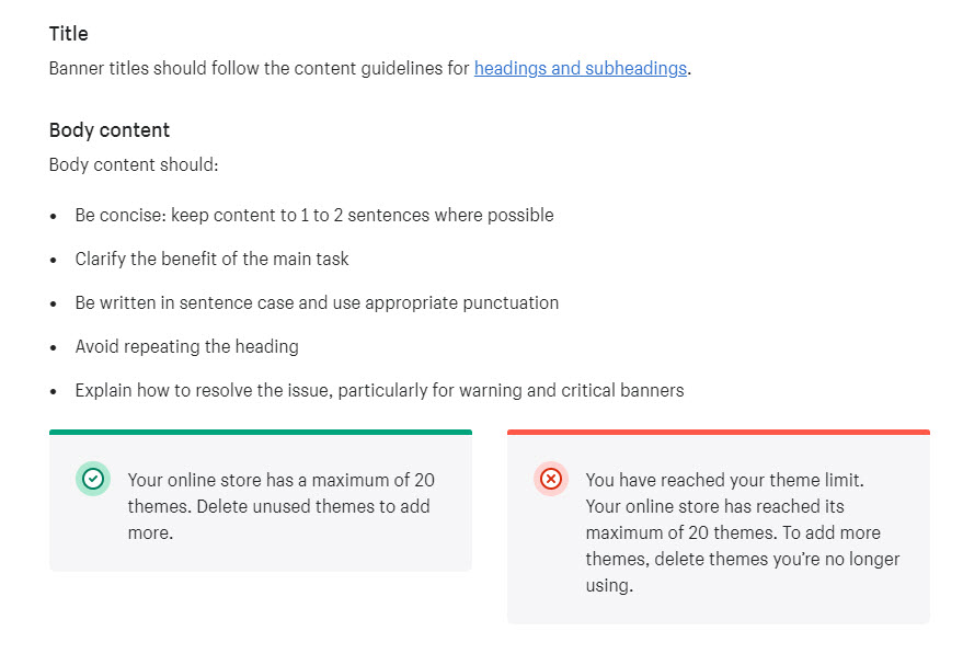 Content guidelines for banner titles in Shopify’s Polaris design system, including specific copy recommendations and a best practice example