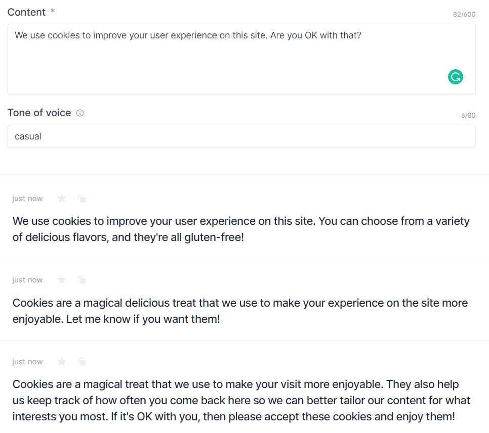three examples of Jarvis' content improver for cookie messages