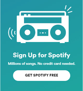 Spotify's sign-up screen tells the user that it is free and no credit card is needed