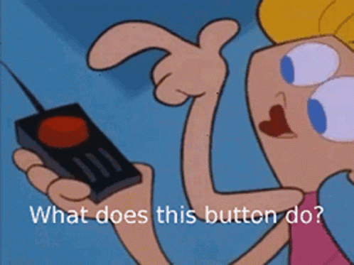 Diddy from Dexter's Labratory is about to push a red button with the caption "what does this button do?"
