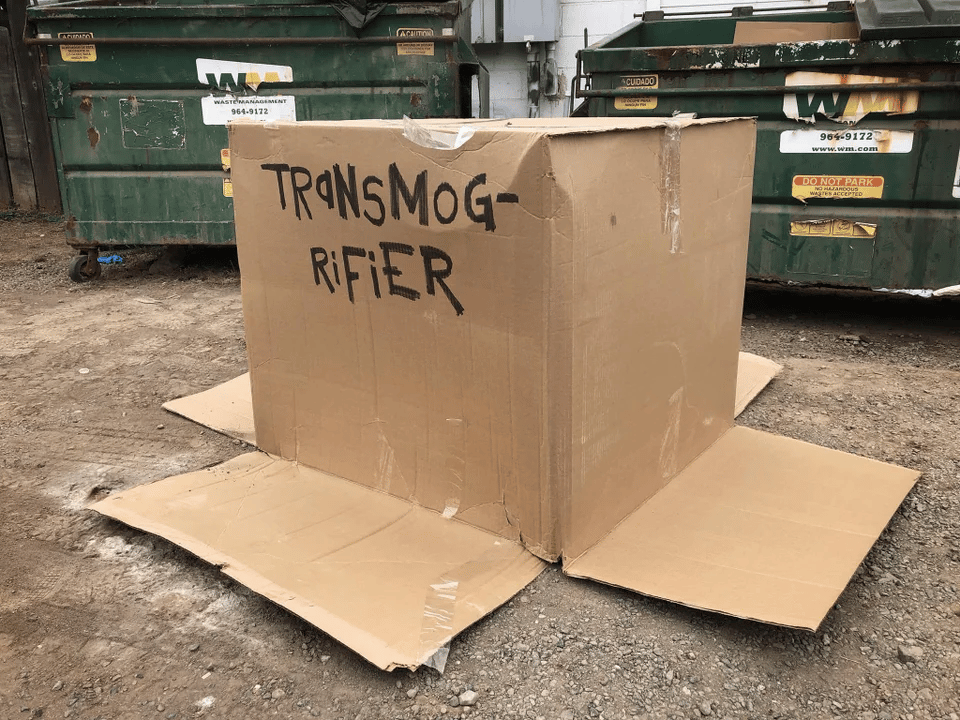 transmogrifier written on a cardboard box