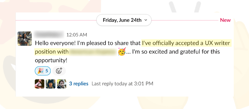 Slack message from Courtney about her new job
