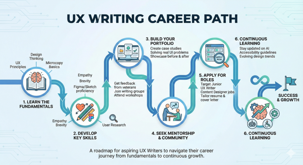 Becoming a UX writer involves a structured path of learning, practice, and networking.