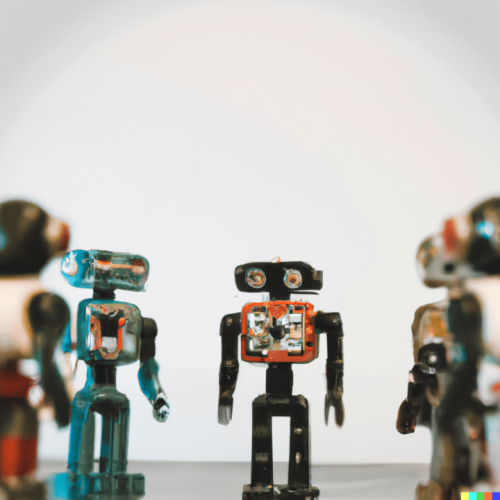an AI-generated photo of robots having a nice conversation. Courtesy DALL•E 2